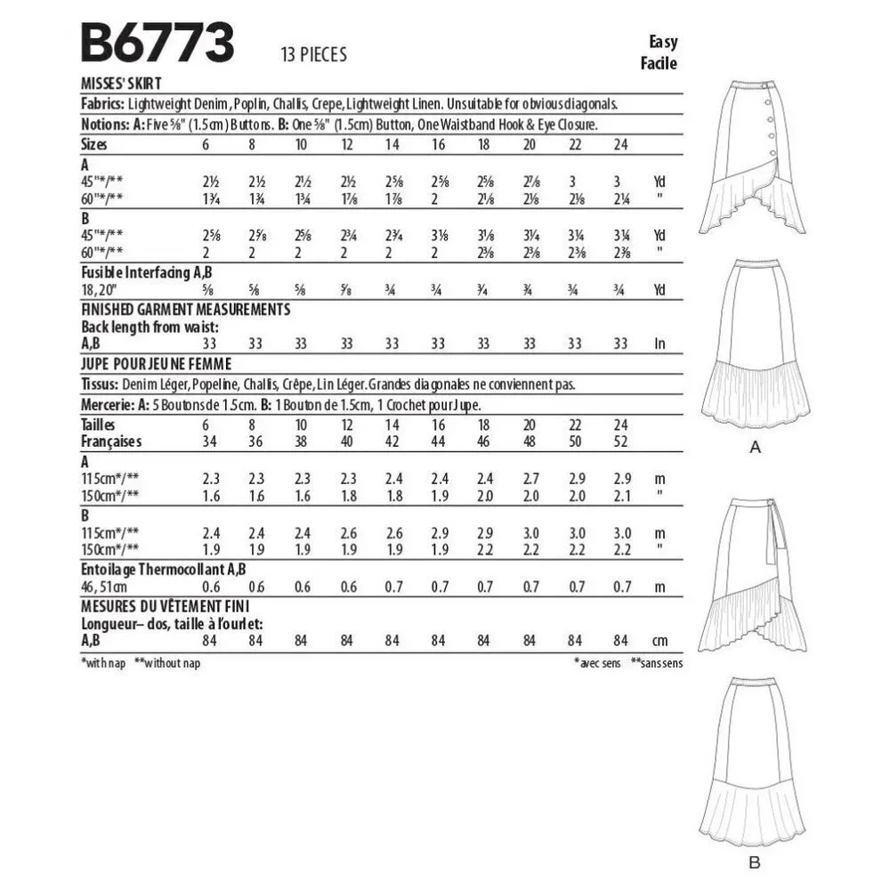 Butterick Sewing Pattern 10635 6773 Skirt Misses Size‎ 16-24